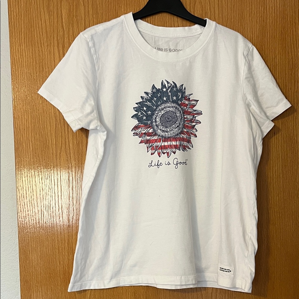 Life Is Good White Tee with Patriotic Sunflower